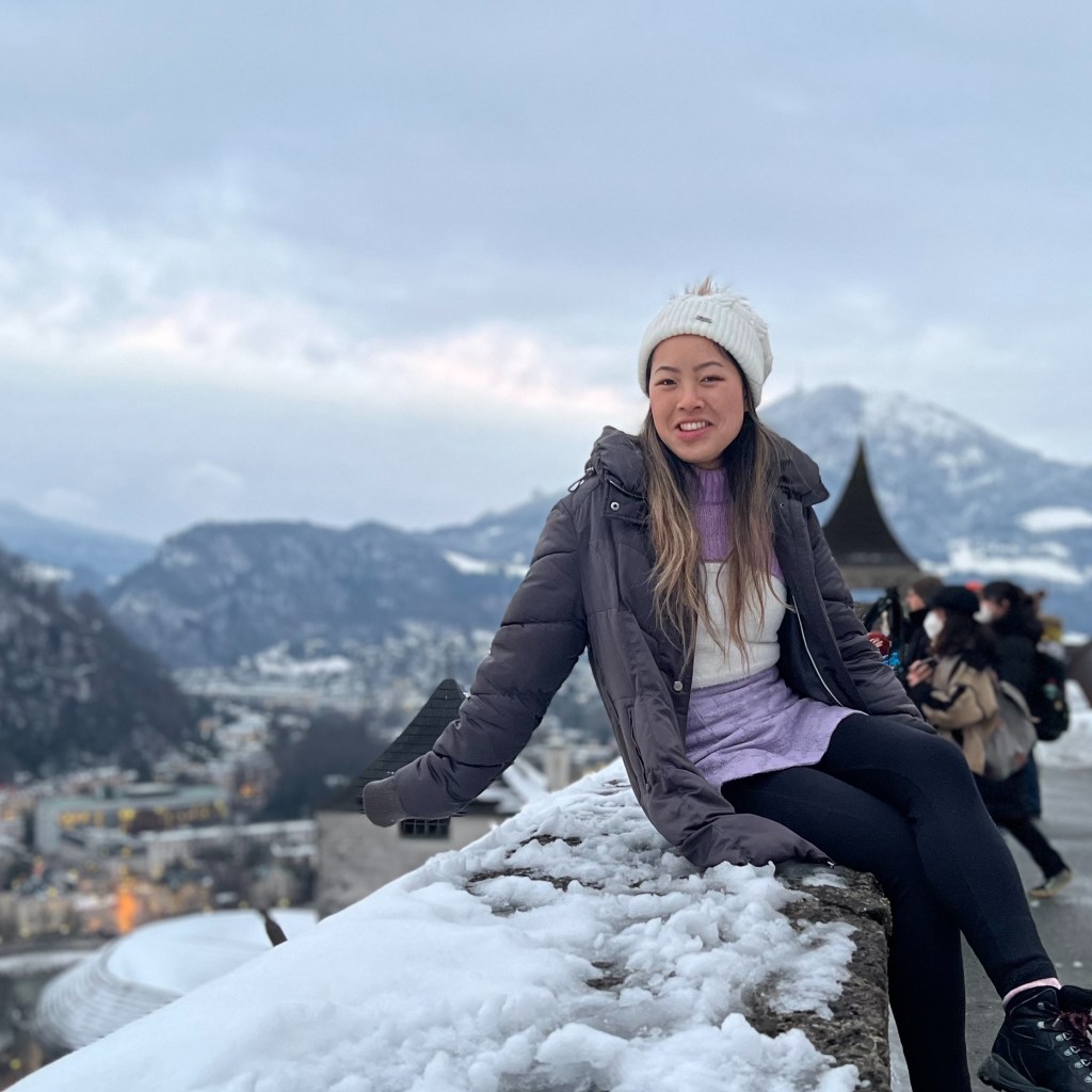 Robin in a purple outfit and gray coat sitting on a snowy ledge with the Untersberg in the background.